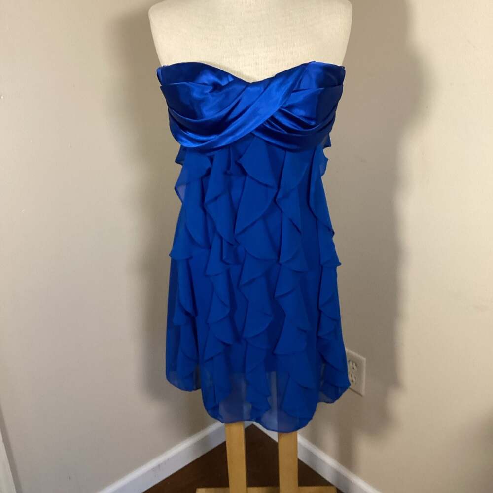 Caché Vintage Y2K Royal Blue Strapless Ruffle Tiered Mini Cocktail Dress